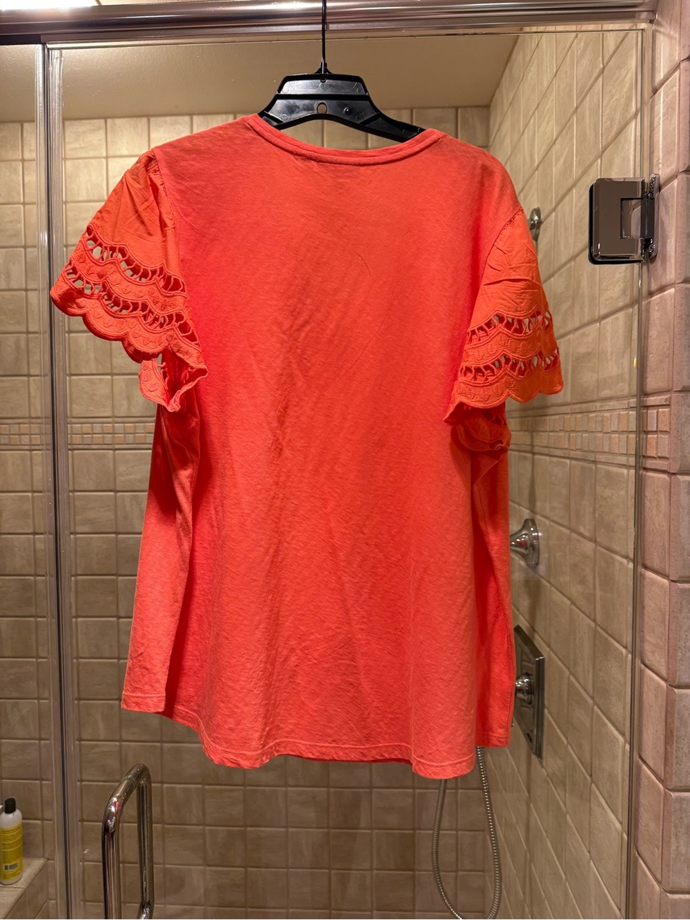 Chico's Coral V-Neck Short Sleeve Top with Eyelet Sleeves, Size 3 (XL) - Picture 4 of 4
